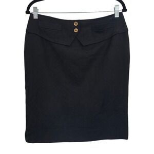 Vintage Celine Paris Black Wool Pencil Skirt FR 44 Knee Length with Gold Buttons
